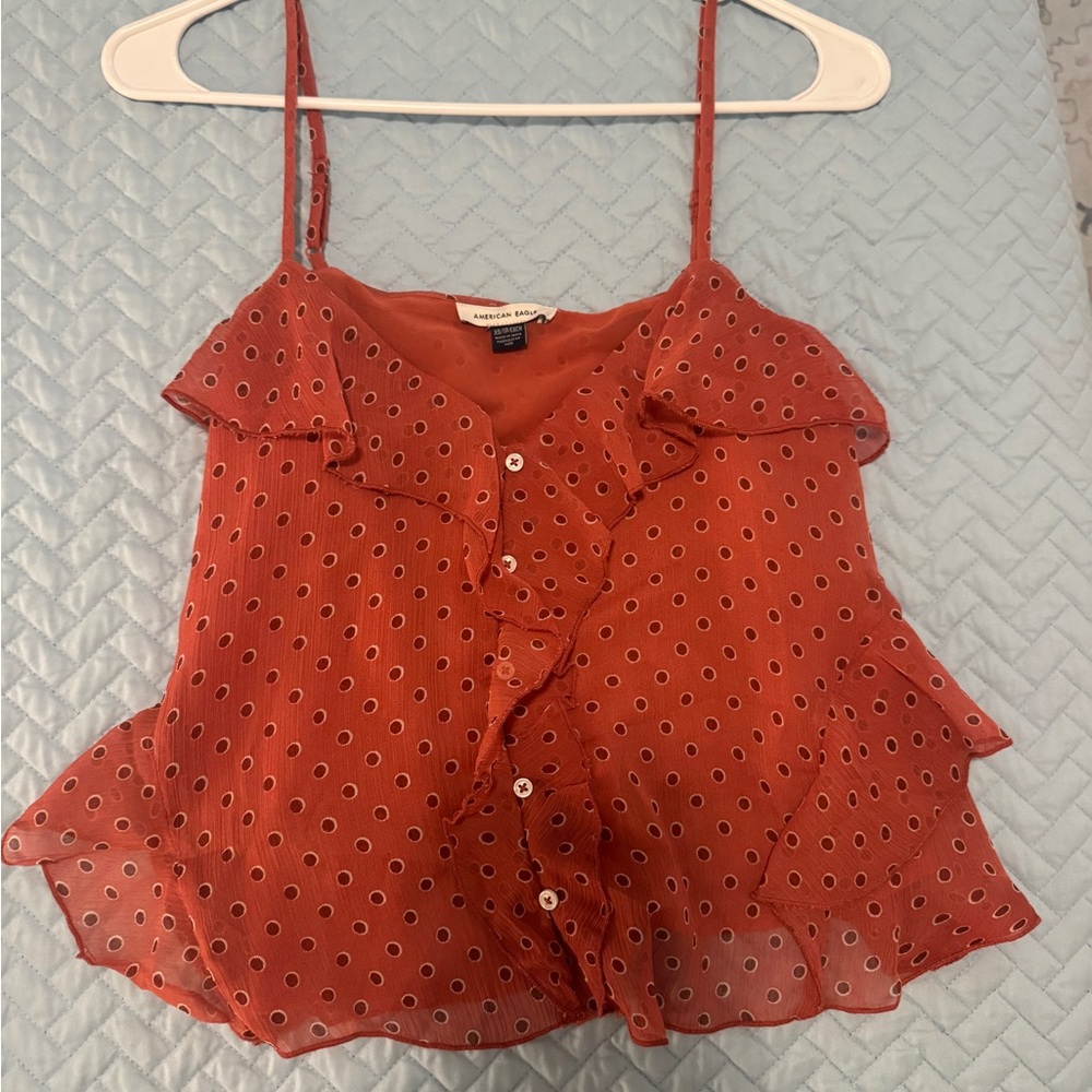 American Eagle Outfitters Rust Polka Dot Ruffle Camisole Top